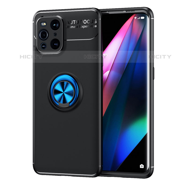 Custodia Silicone Ultra Sottile Morbida Cover con Magnetico Anello Supporto JM1 per Oppo Find X3 Pro 5G Blu e Nero