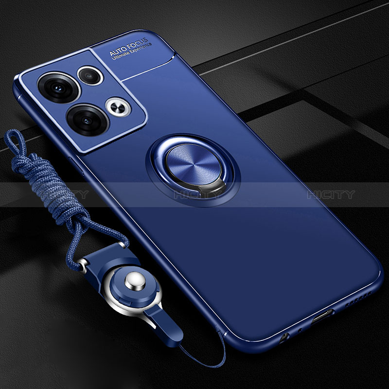 Custodia Silicone Ultra Sottile Morbida Cover con Magnetico Anello Supporto JM3 per Oppo Reno9 Pro+ Plus 5G Blu