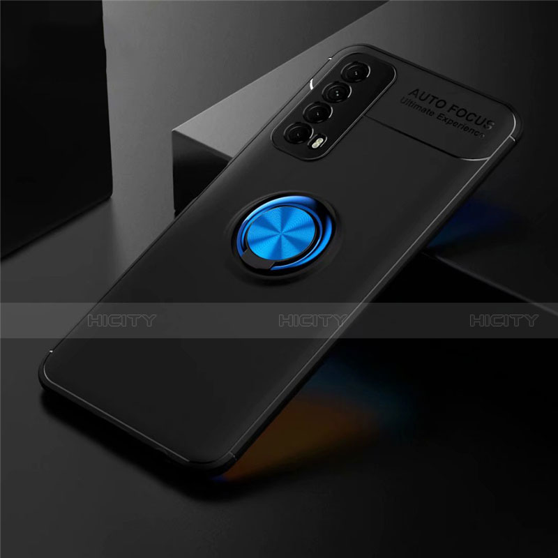 Custodia Silicone Ultra Sottile Morbida Cover con Magnetico Anello Supporto per Huawei P Smart (2021) Blu e Nero