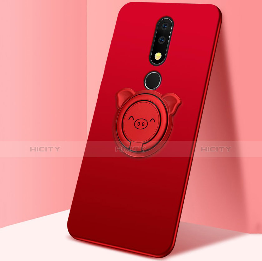 Custodia Silicone Ultra Sottile Morbida Cover con Magnetico Anello Supporto per Nokia X5 Rosso