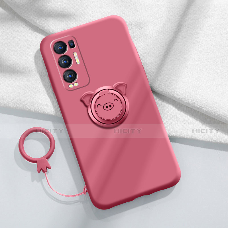 Custodia Silicone Ultra Sottile Morbida Cover con Magnetico Anello Supporto per Oppo Reno5 Pro+ Plus 5G Rosso Rosa