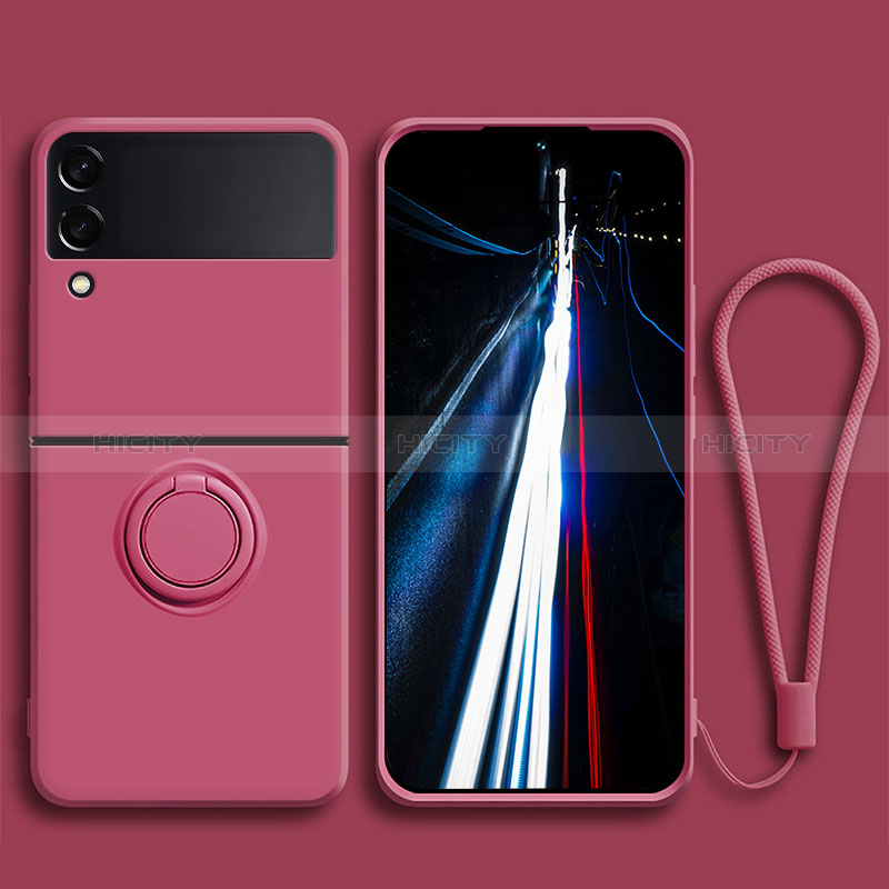 Custodia Silicone Ultra Sottile Morbida Cover con Magnetico Anello Supporto per Samsung Galaxy Z Flip3 5G Rosso Rosa