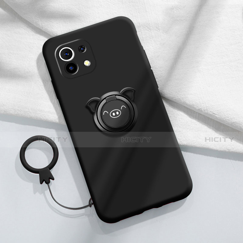 Custodia Silicone Ultra Sottile Morbida Cover con Magnetico Anello Supporto per Xiaomi Mi 11 5G Nero