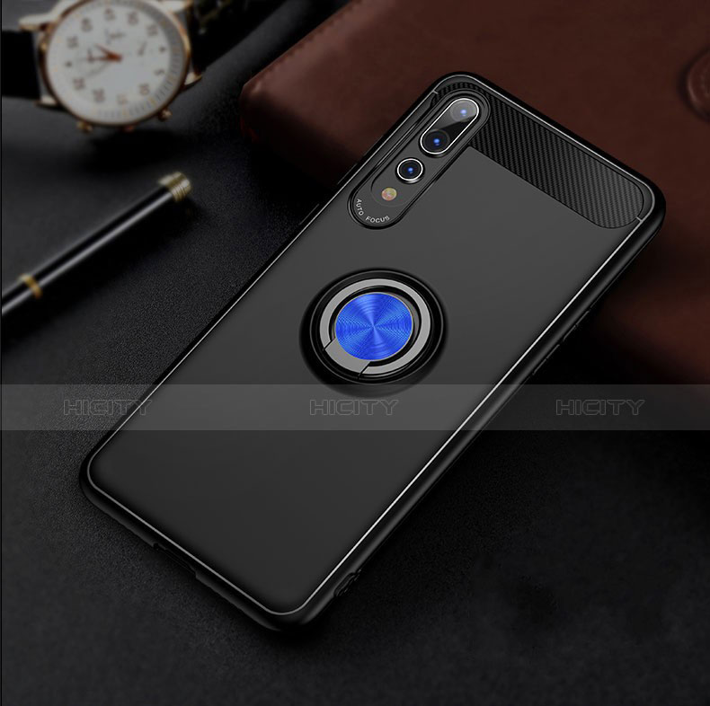 Custodia Silicone Ultra Sottile Morbida Cover con Magnetico Anello Supporto S01 per Huawei P20 Pro Blu e Nero