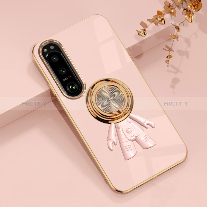 Custodia Silicone Ultra Sottile Morbida Cover con Magnetico Anello Supporto S01 per Sony Xperia 1 IV Rosa