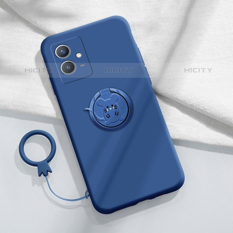 Custodia Silicone Ultra Sottile Morbida Cover con Magnetico Anello Supporto S01 per Vivo T1 5G India Blu