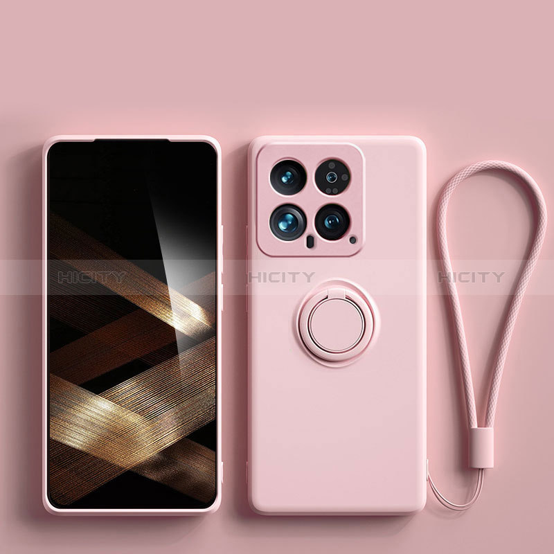Custodia Silicone Ultra Sottile Morbida Cover con Magnetico Anello Supporto S01 per Xiaomi Mi 14 Pro 5G Rosa