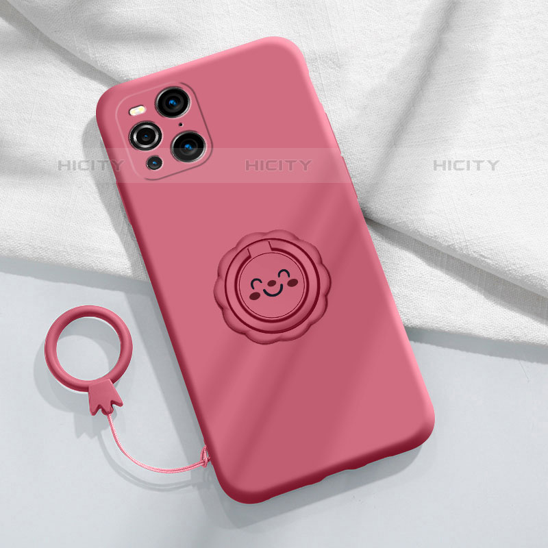 Custodia Silicone Ultra Sottile Morbida Cover con Magnetico Anello Supporto S02 per Oppo Find X3 Pro 5G Rosa Caldo