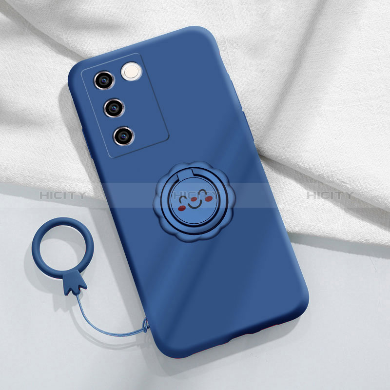 Custodia Silicone Ultra Sottile Morbida Cover con Magnetico Anello Supporto S02 per Vivo V27 5G Blu