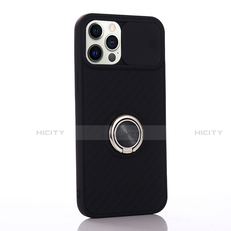 Custodia Silicone Ultra Sottile Morbida Cover con Magnetico Anello Supporto T01 per Apple iPhone 12 Pro Max Nero