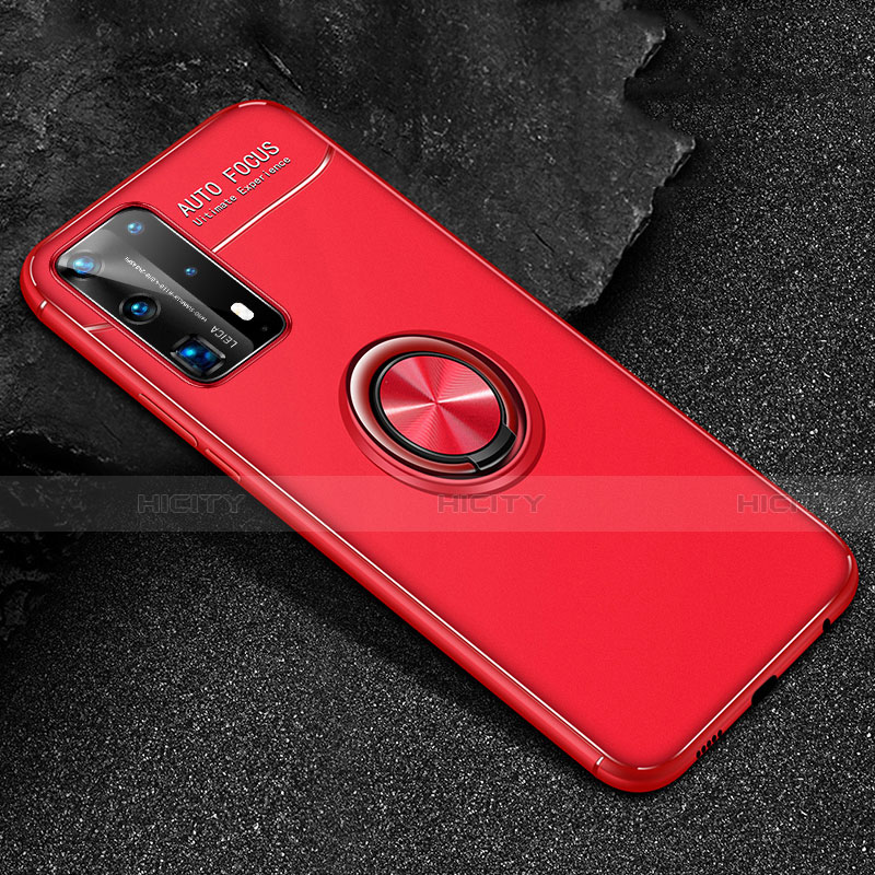 Custodia Silicone Ultra Sottile Morbida Cover con Magnetico Anello Supporto T01 per Huawei P40 Pro+ Plus Rosso