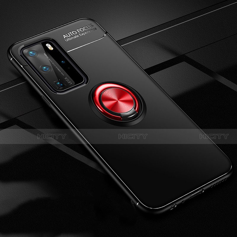Custodia Silicone Ultra Sottile Morbida Cover con Magnetico Anello Supporto T01 per Huawei P40 Pro Rosso e Nero
