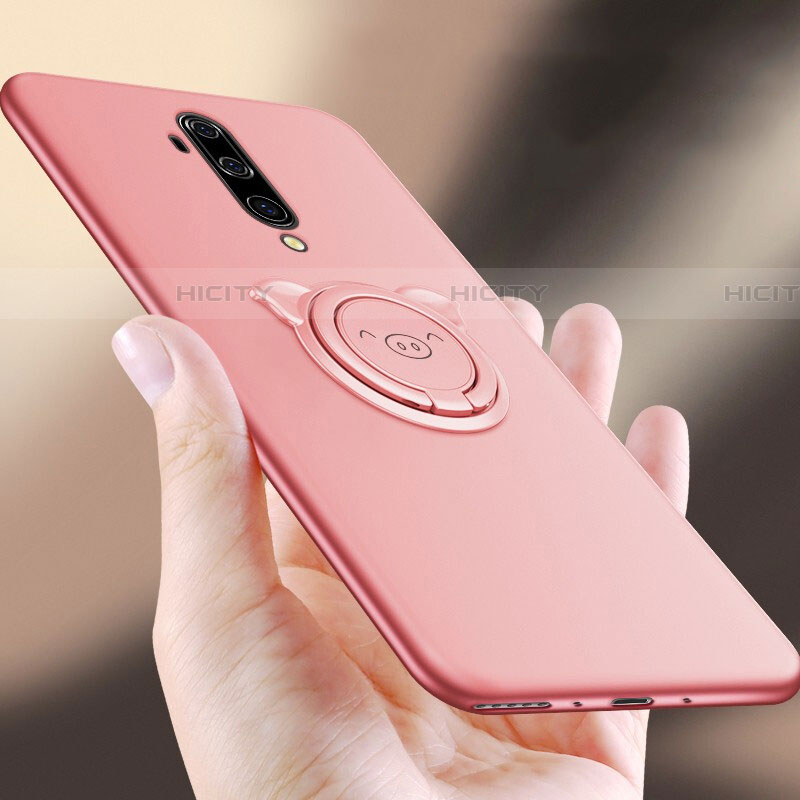 Custodia Silicone Ultra Sottile Morbida Cover con Magnetico Anello Supporto T01 per OnePlus 7T Pro Rosa