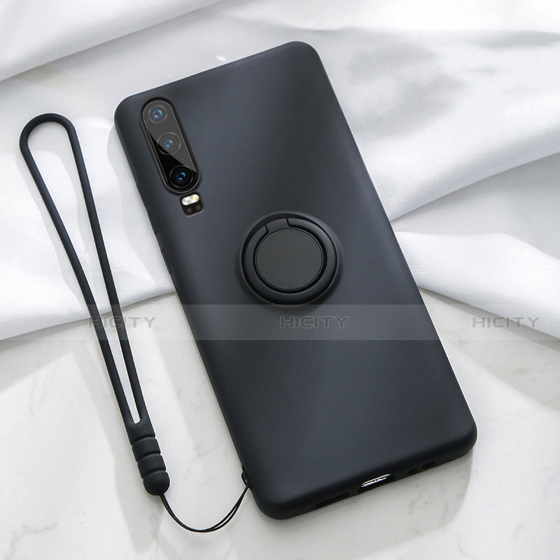 Custodia Silicone Ultra Sottile Morbida Cover con Magnetico Anello Supporto T02 per Huawei P30 Nero