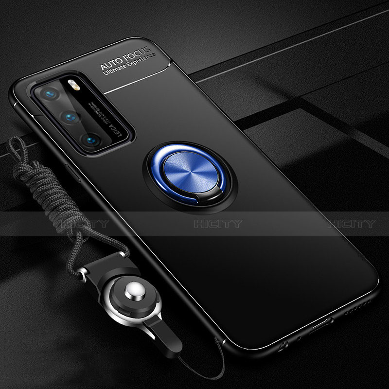 Custodia Silicone Ultra Sottile Morbida Cover con Magnetico Anello Supporto T02 per Huawei P40 Blu e Nero
