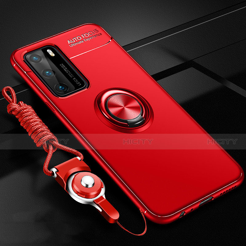 Custodia Silicone Ultra Sottile Morbida Cover con Magnetico Anello Supporto T02 per Huawei P40 Rosso