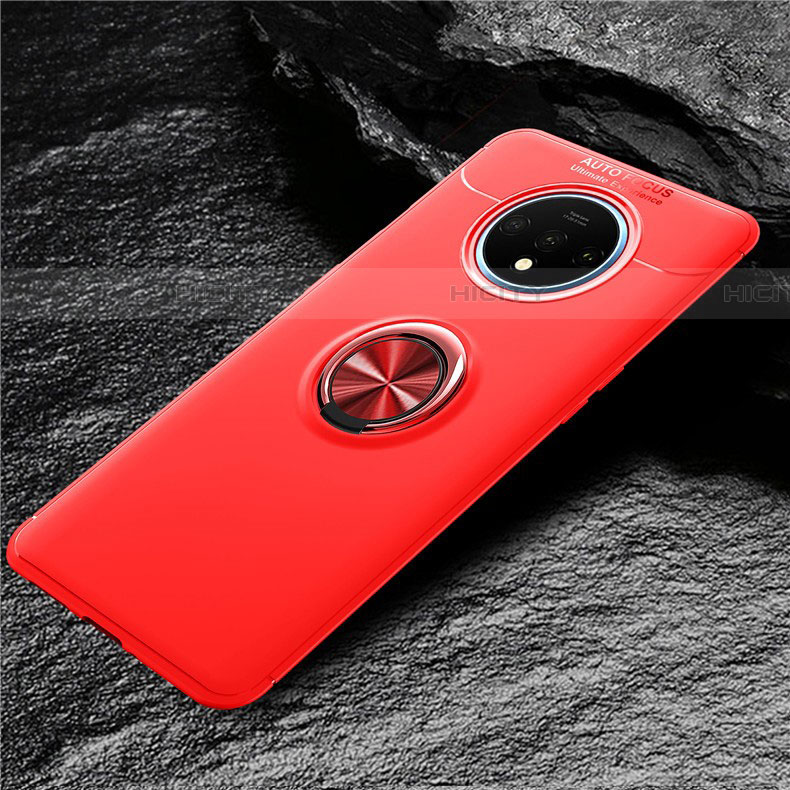 Custodia Silicone Ultra Sottile Morbida Cover con Magnetico Anello Supporto T02 per OnePlus 7T Rosso