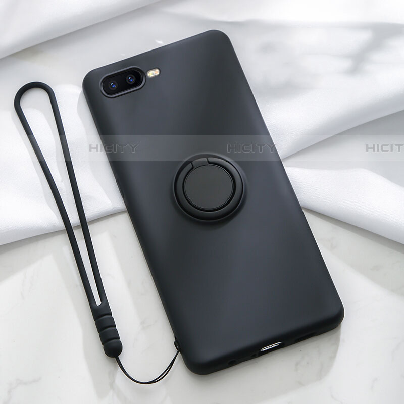 Custodia Silicone Ultra Sottile Morbida Cover con Magnetico Anello Supporto T02 per Oppo RX17 Neo Nero