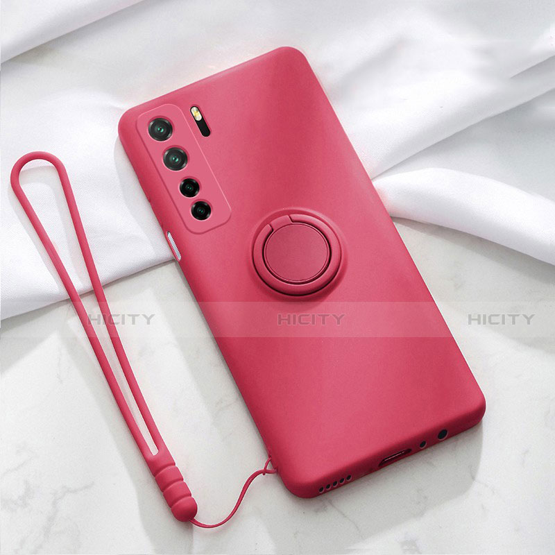 Custodia Silicone Ultra Sottile Morbida Cover con Magnetico Anello Supporto T03 per Huawei P40 Lite 5G Rosso Rosa