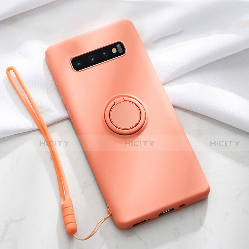 Custodia Silicone Ultra Sottile Morbida Cover con Magnetico Anello Supporto T03 per Samsung Galaxy S10 Plus Arancione