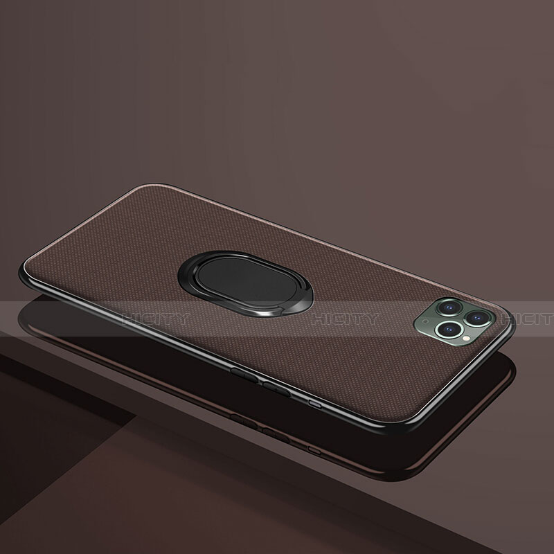 Custodia Silicone Ultra Sottile Morbida Cover con Magnetico Anello Supporto T04 per Apple iPhone 11 Pro Marrone