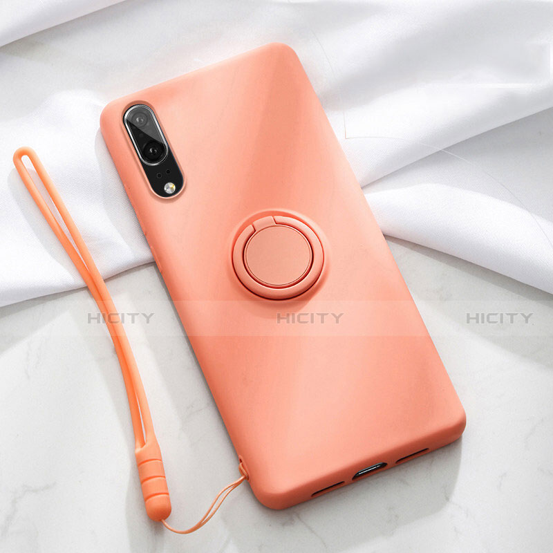 Custodia Silicone Ultra Sottile Morbida Cover con Magnetico Anello Supporto T04 per Huawei P20 Arancione