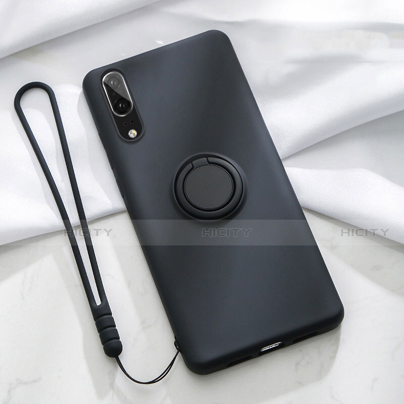 Custodia Silicone Ultra Sottile Morbida Cover con Magnetico Anello Supporto T04 per Huawei P20 Nero