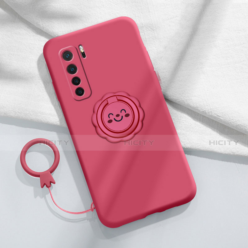 Custodia Silicone Ultra Sottile Morbida Cover con Magnetico Anello Supporto T04 per Huawei P40 Lite 5G Rosso Rosa