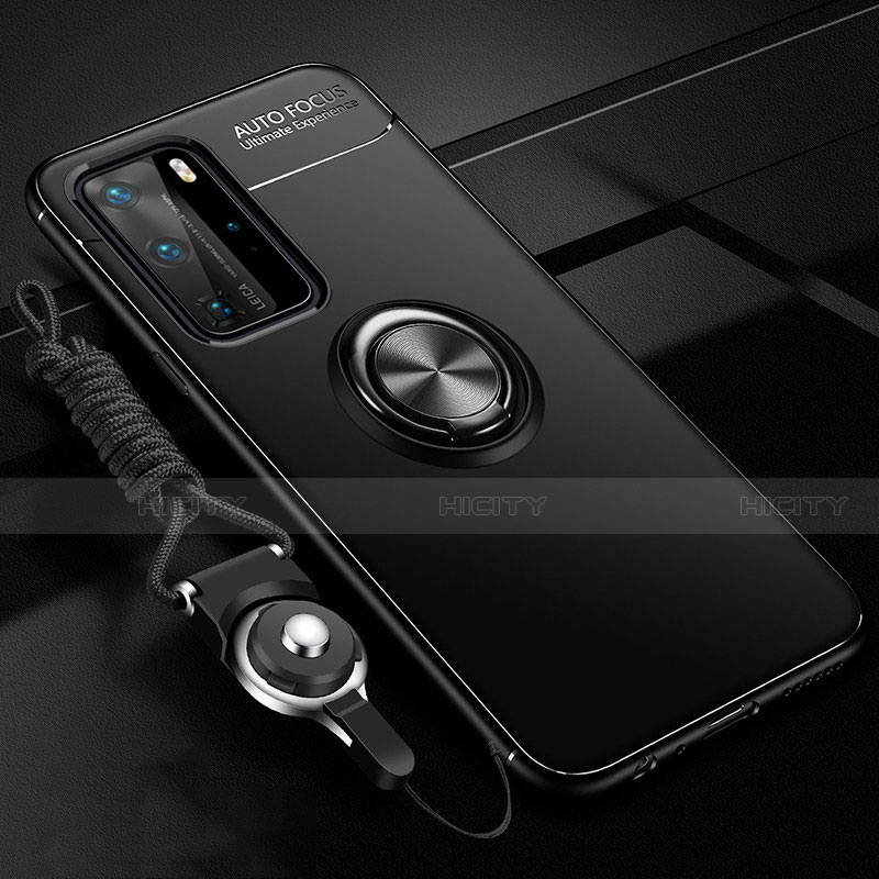 Custodia Silicone Ultra Sottile Morbida Cover con Magnetico Anello Supporto T04 per Huawei P40 Pro Nero