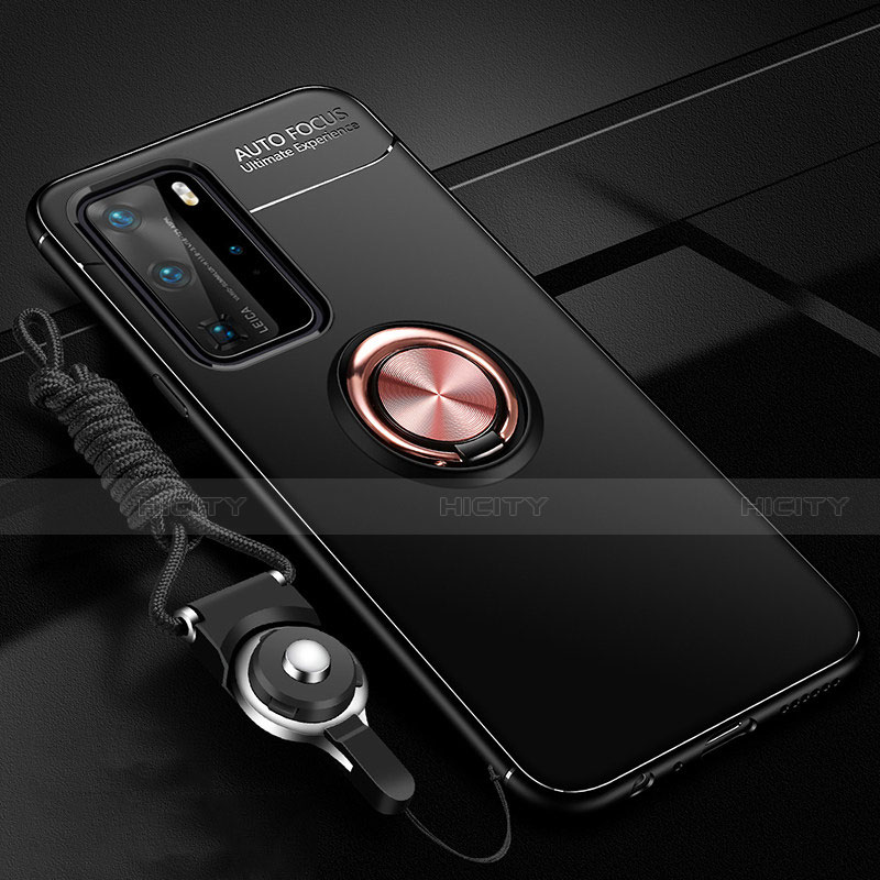 Custodia Silicone Ultra Sottile Morbida Cover con Magnetico Anello Supporto T04 per Huawei P40 Pro Oro e Nero