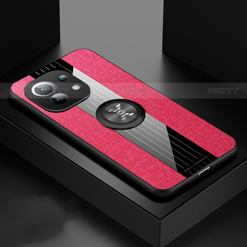 Custodia Silicone Ultra Sottile Morbida Cover con Magnetico Anello Supporto T08 per Xiaomi Mi 11 5G Rosso