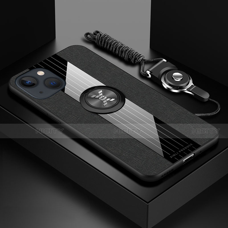 Custodia Silicone Ultra Sottile Morbida Cover con Magnetico Anello Supporto Z01 per Apple iPhone 13 Mini Nero